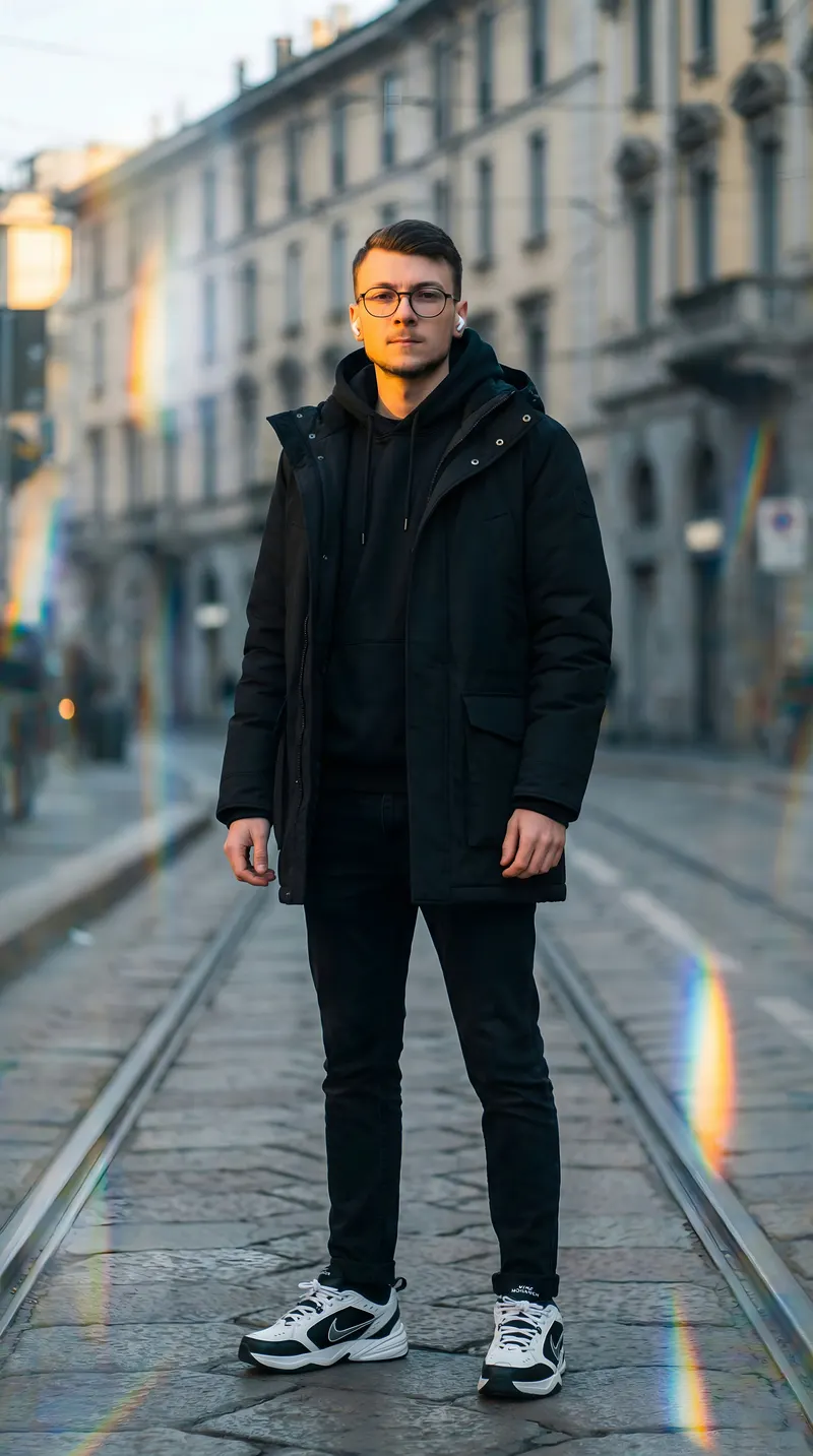 Un homme porte une parka noire sur un sweat à capuche, un pantalon sombre et des baskets dans une rue pavée.